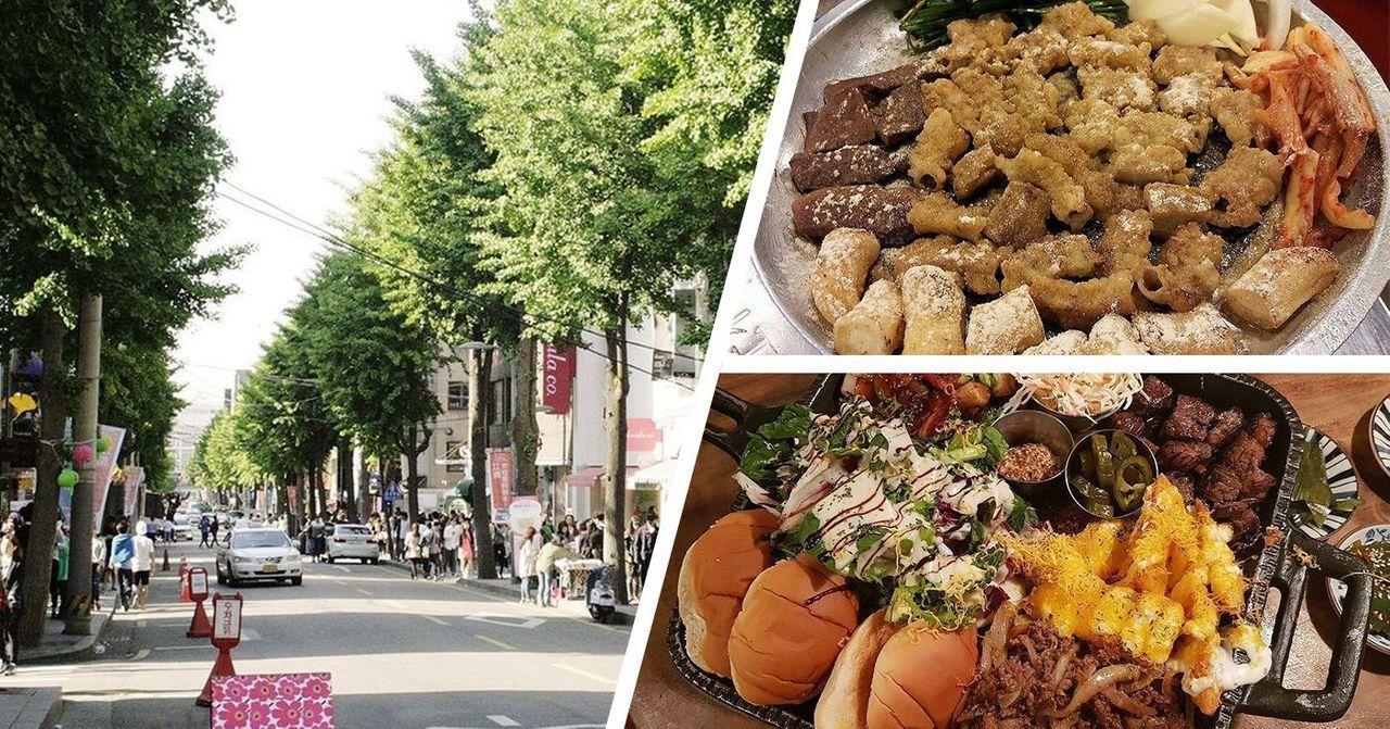 新沙洞林蔭道上的美食和多人聚集的行人，展示著多元美食文化。